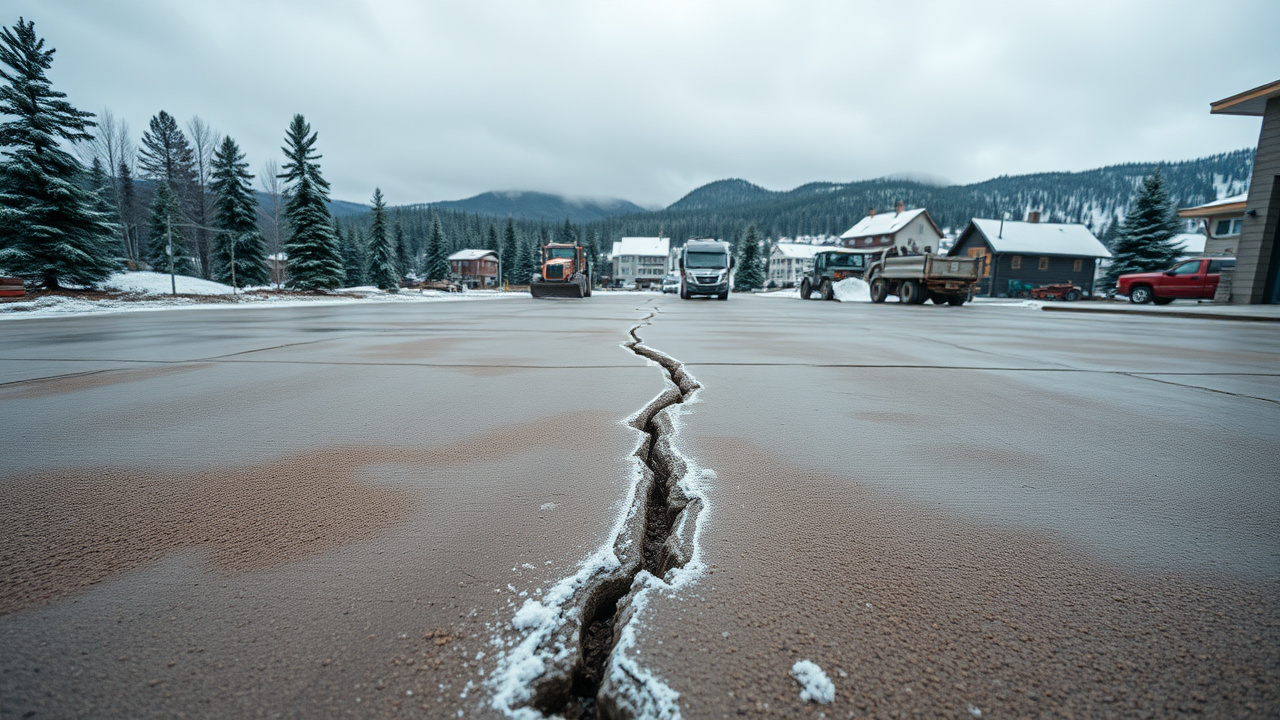 Close-up of a freeze-thaw cracked and spalled concrete driveway with snow in Flagstaff, Arizona